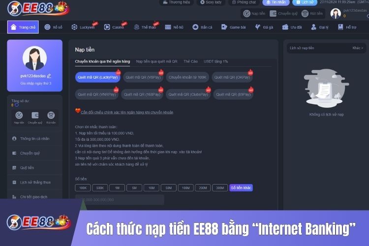 Cách thức nạp tiền EE88 bằng “Internet Banking”